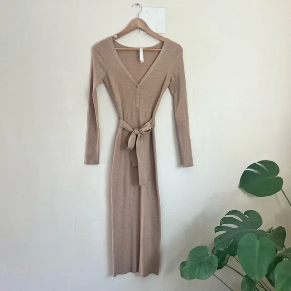 Babaton Ribbed V-Neck Tie-Waist Long Sleeve Dress - Beige - Picture 1 of 11